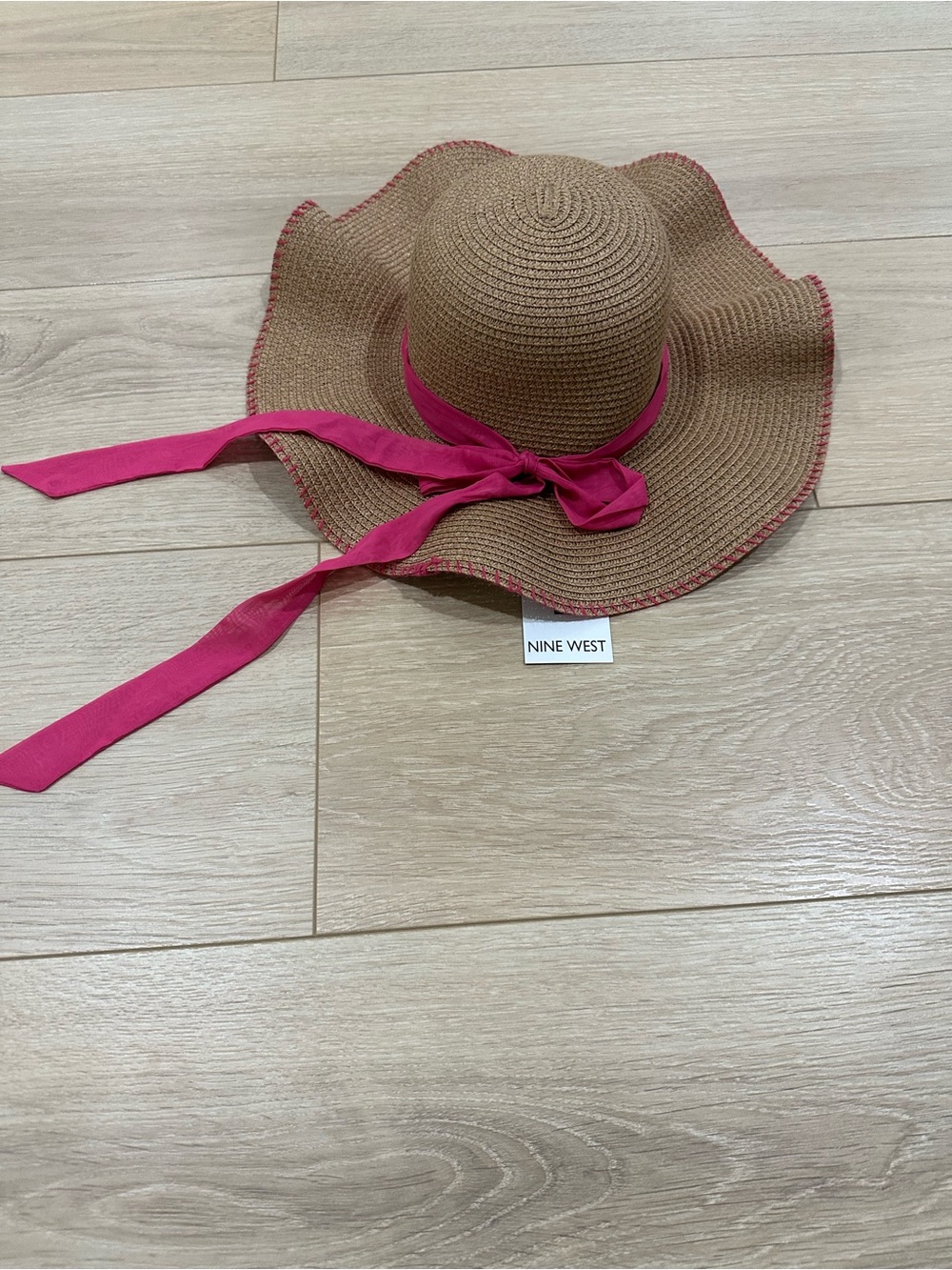 Nine West women Straw Hat with Fuchsia Ribbon